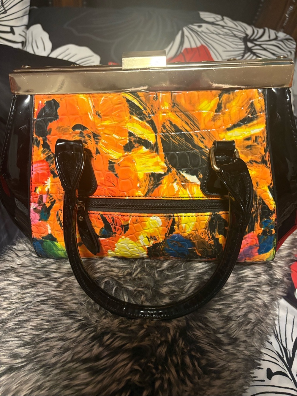 Bold Orange Multicolor Patent Lucia Satchel Handbag
